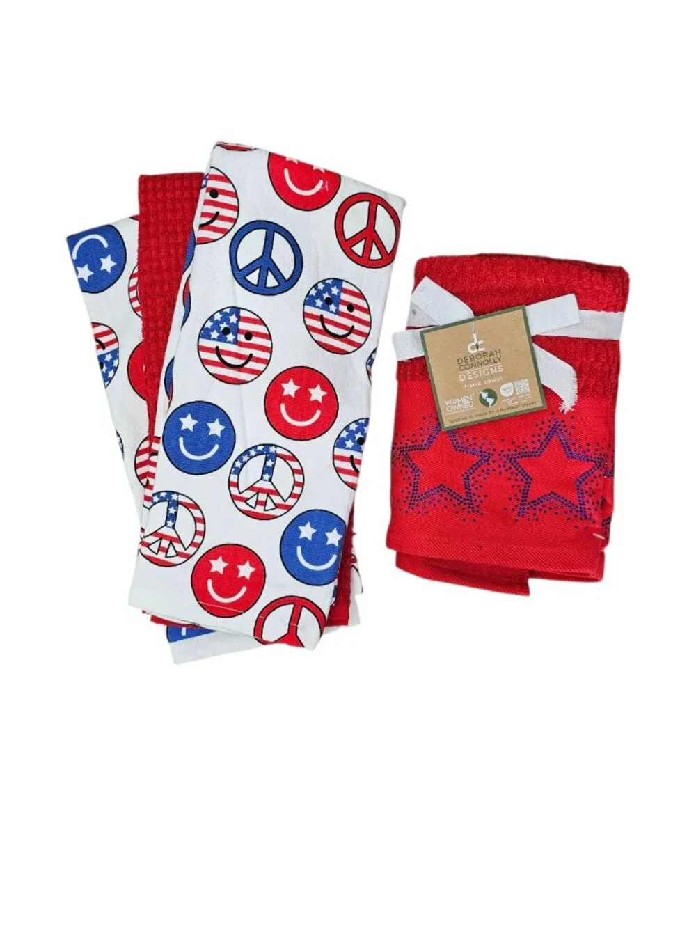 Deborah Connolly Hand Towels Sequin Star Smiley Peace Pattern New Red Blue 5pc